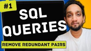 Man framför en bärbar dator med texten "SQL Queries" och "Remove Redundant Pairs".